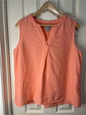 Pure Collection Coral V-Neck Lagenlook 100% Linen Breathable Tank Top size 12